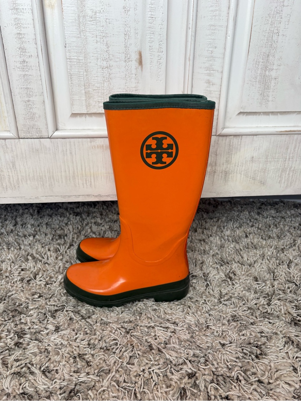 Tory Burch Orange Kids Rain Boots with Dark Green Trim